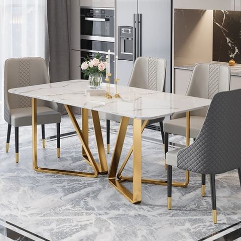 Marby Modern Rectangle 63" Faux Marble Dining Table Gold Base Stainless ... inside Marble Dining Table With Stainless Steel Base